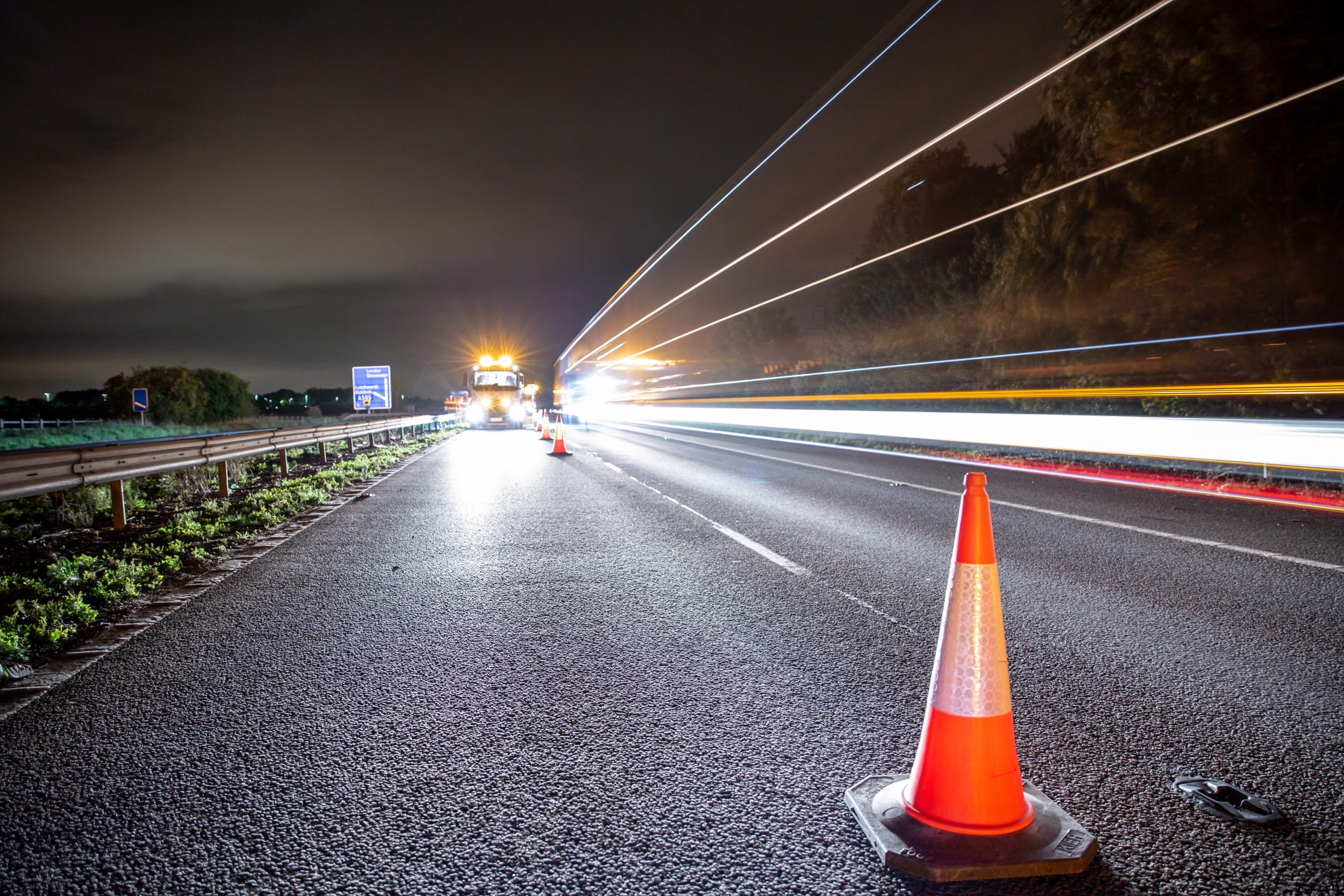 Long Exposure of a Vehicle on a Highway With Active Roadworks
