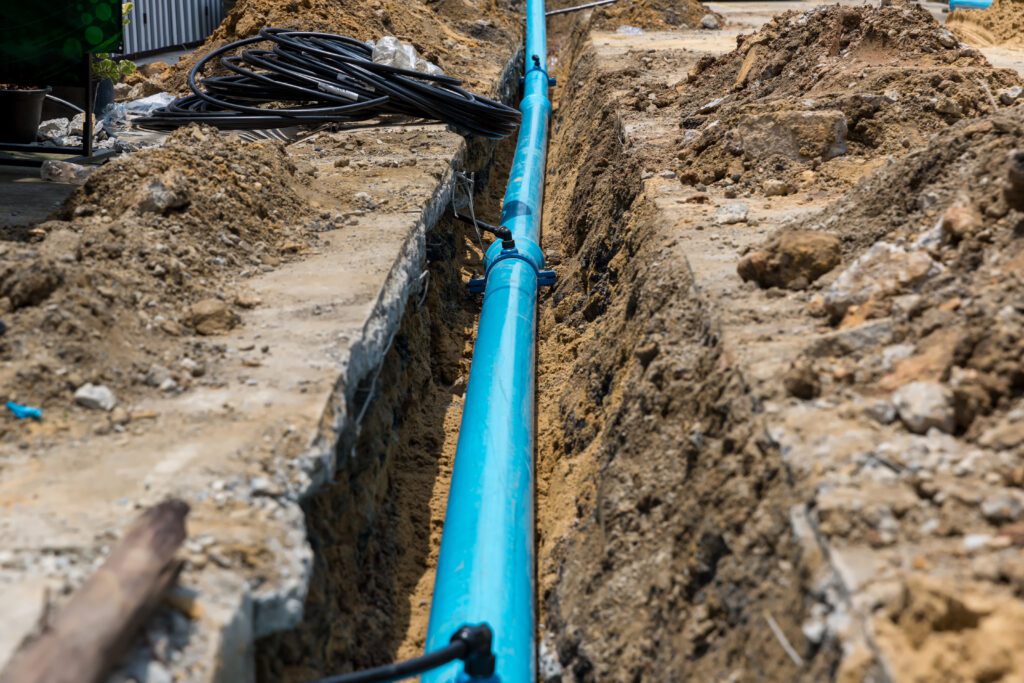 Construction site with new Water Pipes in the ground. sewer pipe