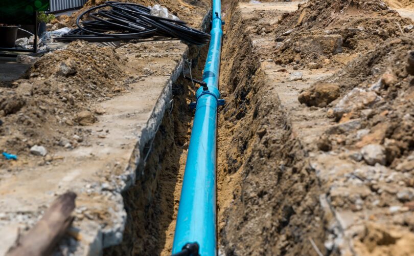 Construction site with new Water Pipes in the ground. sewer pipe